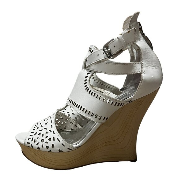 Guess Agenta White Leather Wooden Wedge Heels Sz 6.5 Womens Open Toe Ankle - Picture 7 of 16